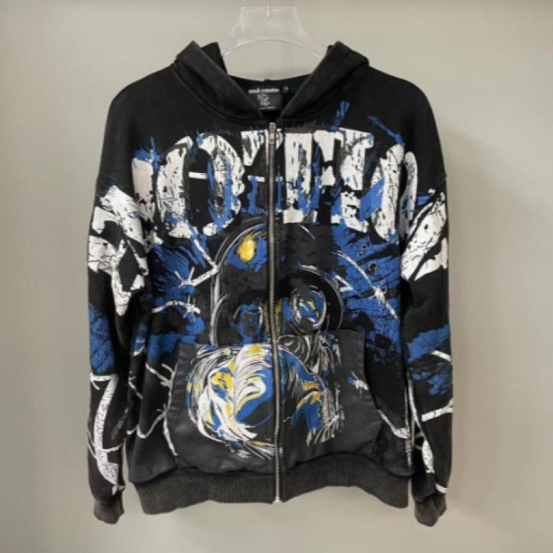 Unisex Retro Print Hooded Zip-Up Sweatshirt Streetwear Loose Fit Cotton Long Sleeve Pullover Fall