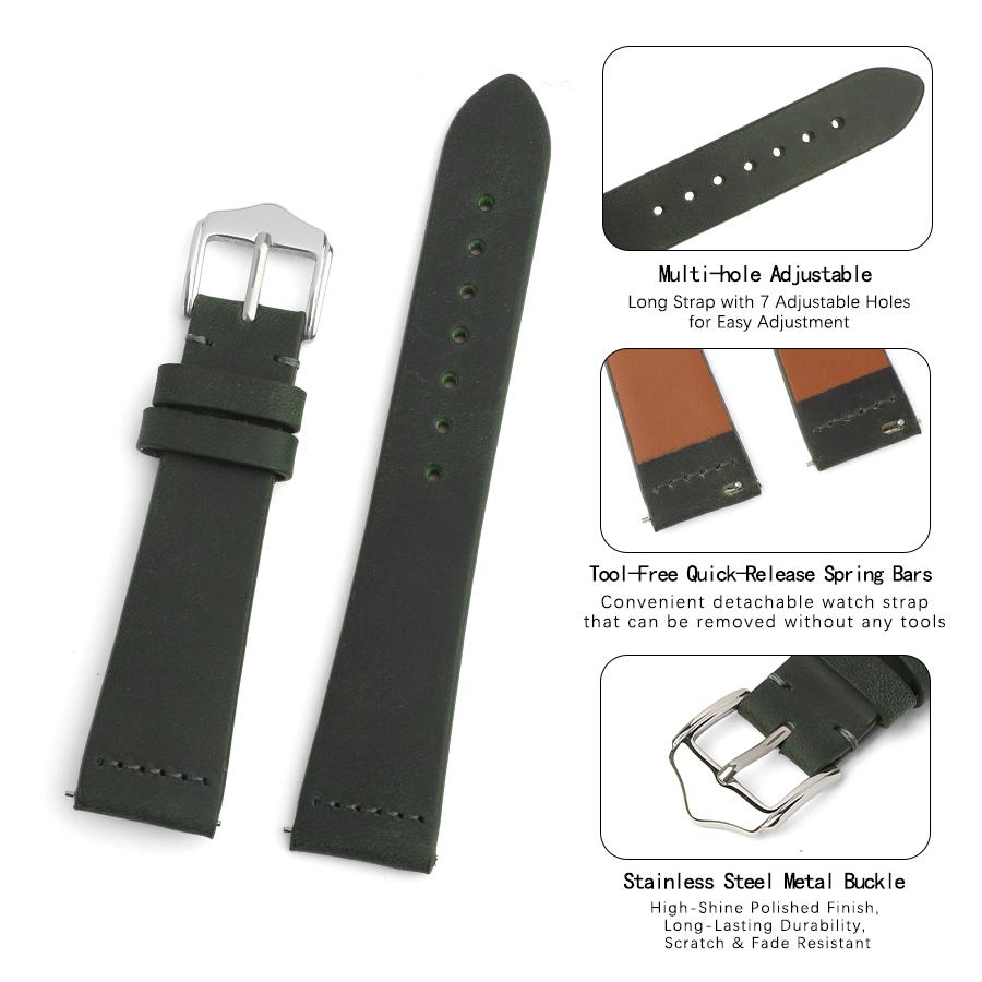 17mm 19mm 20mm Vintage Leather Watch Strap Blue Red Green Colors Crazy Horse Leather With Quick Release Replacement Watchband