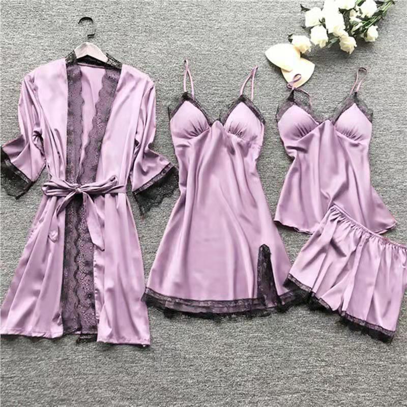 Women Cami Shorts Nightgowns Pyamas Set of Satin Fabric Breathable Pajamas Set with Robes 5 PCS Pajamas Set Sleepwear Lounge Wear Nightgowns