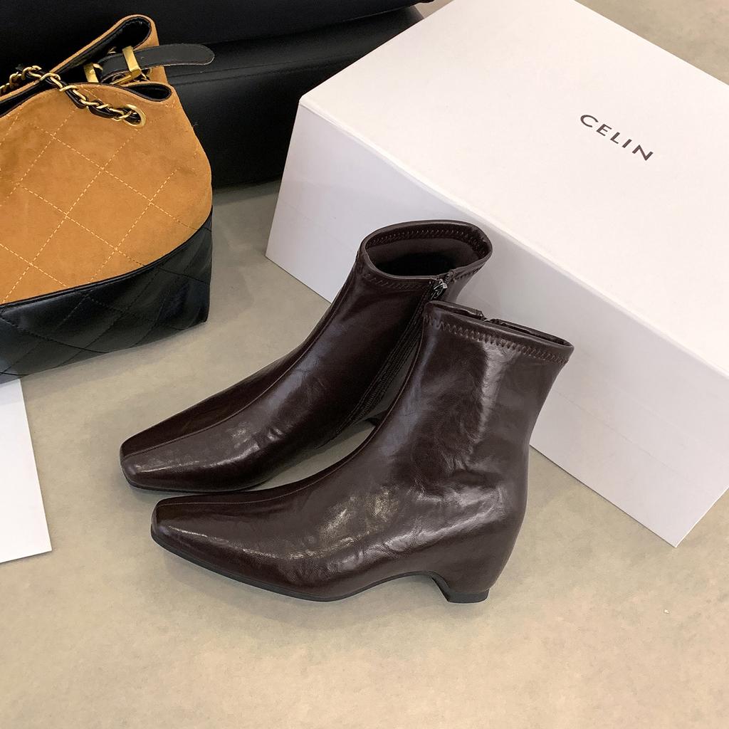 New square head thick heel short boots women's retro versatile Martin boots non-slip design cat and female thin fashion boots