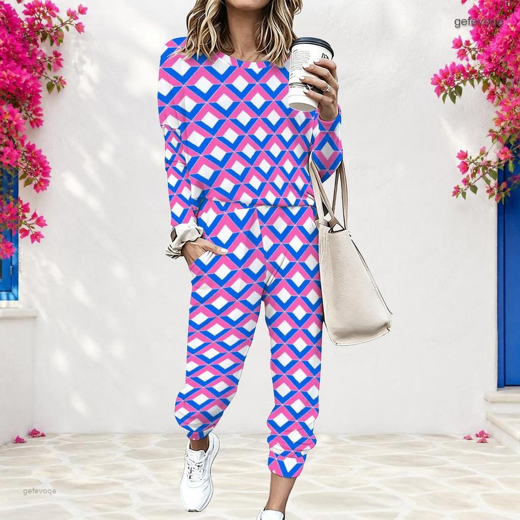 Women Plus Size Geometric Printed Round Neck Long Sleeve Two Piece Set Cuffed Top And Pants With Pockets