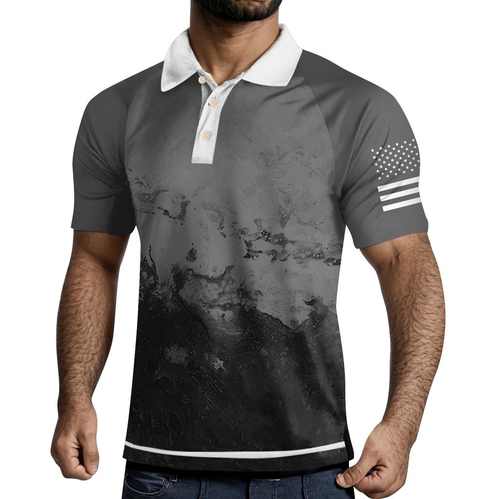 Men's Three Button Printed Lapel Short Sleeve Shirt Top