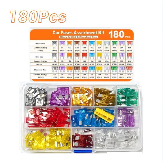 100/180 Piece Automotive Fuse Set Complete Range of Current Specifications. Color-Coded Amperage for Quick Identification; High-Quality Conductive