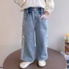 Spring Autumn Baby Girls Bow Jeans Kids Loose Long Pants Children's Straight Wide-leg Trousers Toddler Casual Clothing