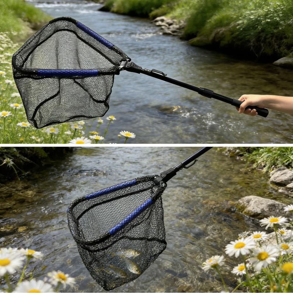 Folding Landing Net with Blue Foam Foldable Extendable Lightweight Handle Fishing Hand Net for Freshwater Saltwater Trout Bass