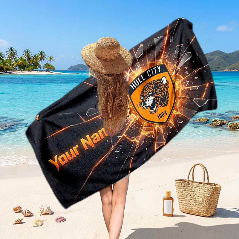 Hull City Custom Beach Towel, Personalized Name Text Print, Football Logo Soft Quick‑Dry Towel Holiday Gift