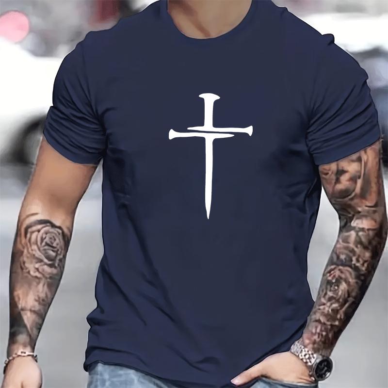 Cotton Short Sleeved Men's T-shirt with Cross Pattern Printed On It, Men's Summer Outdoor Clothing, Daily Style, Fashionable and