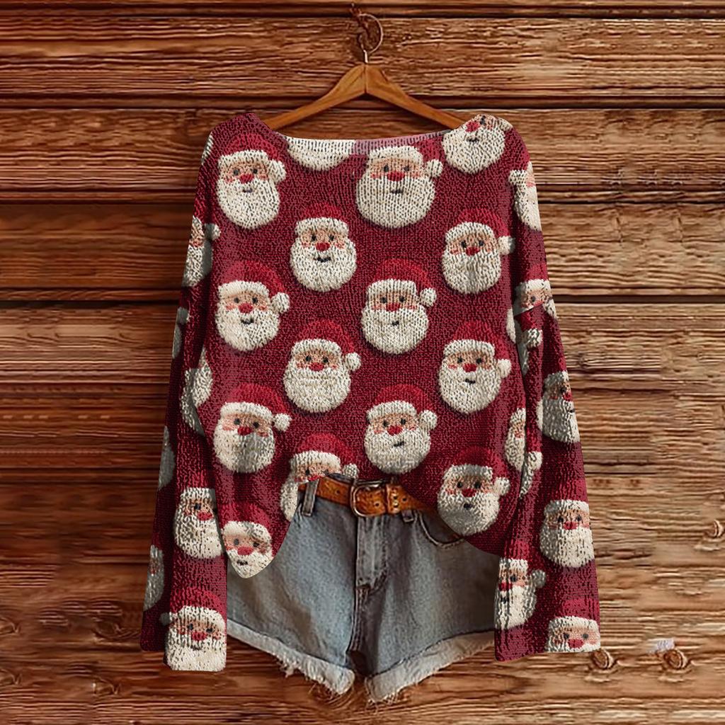 Women's Christmas Print Lightweight Sweater Casual Long Sleeve Knitted Pullover