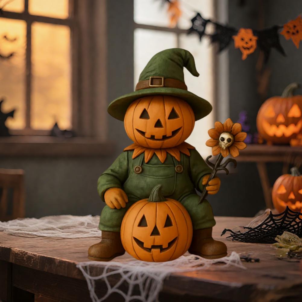 Pumpkin Man Figurine Scary Halloween Pumpkin Head Scarecrow Statue with Skull Sunflower Mini Desktop Ornament for Indoor