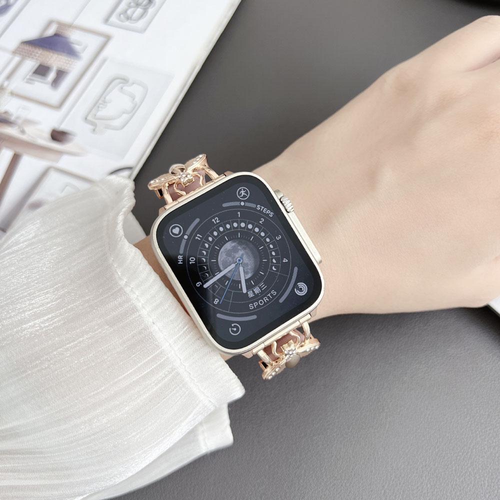 Металлический кожаный ремешок для Apple Watch 7 6 5 4 SE роскошный женский ремешок для часов 44 мм 41 мм 40 мм 45 мм 42 мм ремешок с пчелиным орнаментом