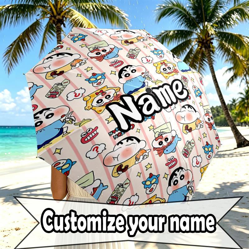 Custom Name Personalized Crayon Shin Print Umbrella, Auto Open Close, 8‑Rib Sturdy Frame, Commute Camping Hiking Use, Birthday Gift