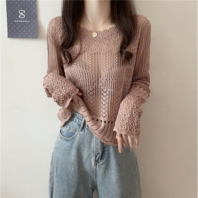 Hollow Out Long Sleeved Knitted Sweater for Women Thin and Chic Retro Japanese Lazy Sunscreen Top