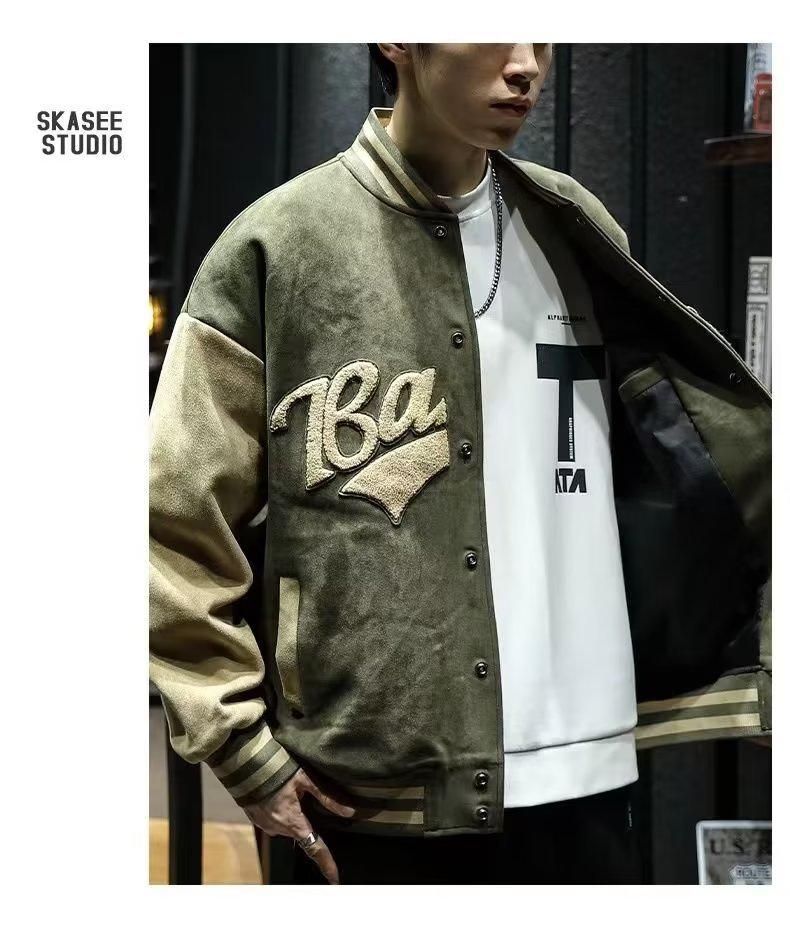 Мужская замшевая вышитая куртка-бомбер в стиле ретро - Весна/Осень