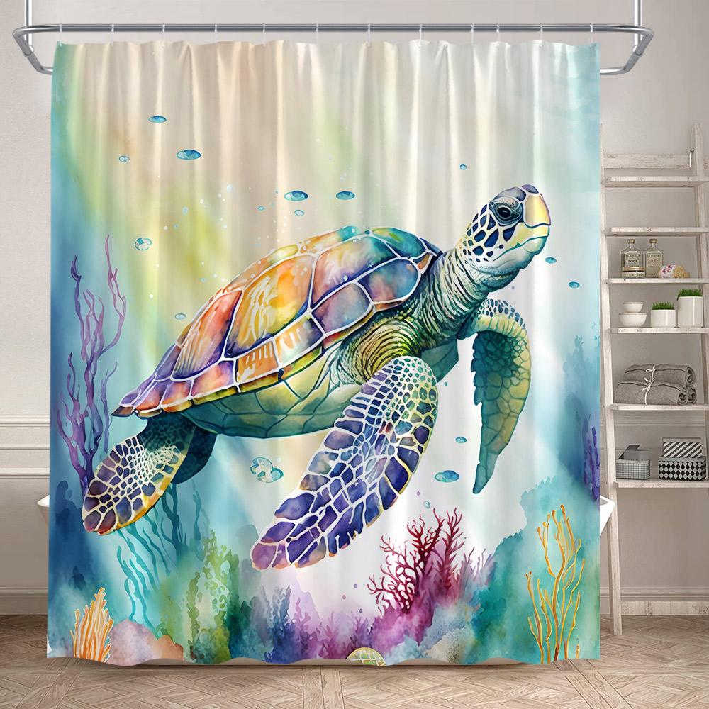 Sea Turtle Shower Curtains Funny Ocean Animals Coral Underwater Scenery Bath Curtain Polyester Fabric Bathroom Decor With Hooks