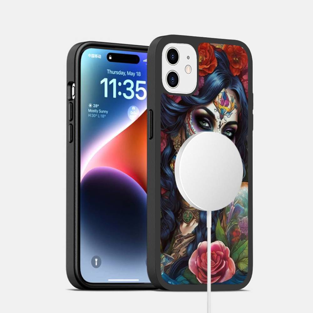 Чехол для телефона Catrina Красивая Девушка Роза Череп Магнитный Чехол Для iPhone 17 16 15 14 13 12 11 Для Magsafe Беспроводная Зарядка Чехол