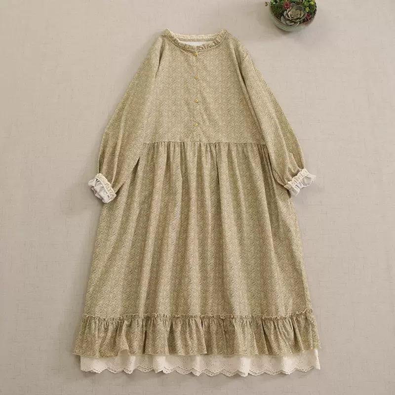 Японское платье с принтом Mori Girl Art, красивое весеннее женское платье из хлопка и льна, новое цветочное платье, свободное платье с длинными рукавами, платье-миди