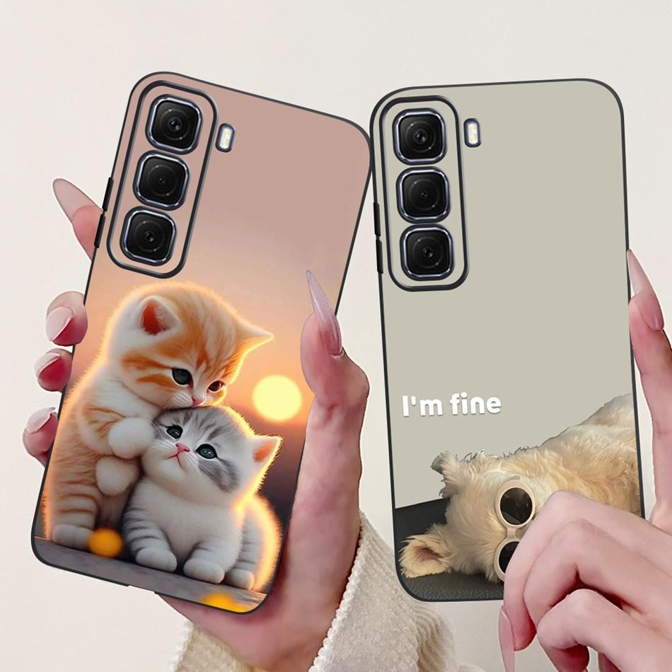 For Infinix Hot 50 4G Phone Case Hot 50 Pro+ 4G Hot50 Pro Elegant Floral Cat Pattern Black Silicone Soft TPU Cases