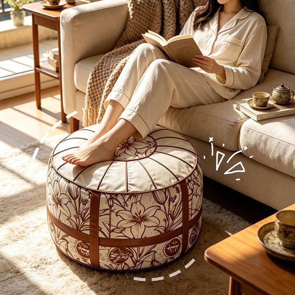 PU Leather Ottoman Pouf Boho Pattern Round Pouf Cover New Footstool Cover Living Room