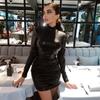 New Autumn and Winter PU Leather Fashion Sexy Dress Women Slim Fit Shoulder Pad Pleated Black Dresses Women Long Sleeve Casual Lady Party Dress 25842