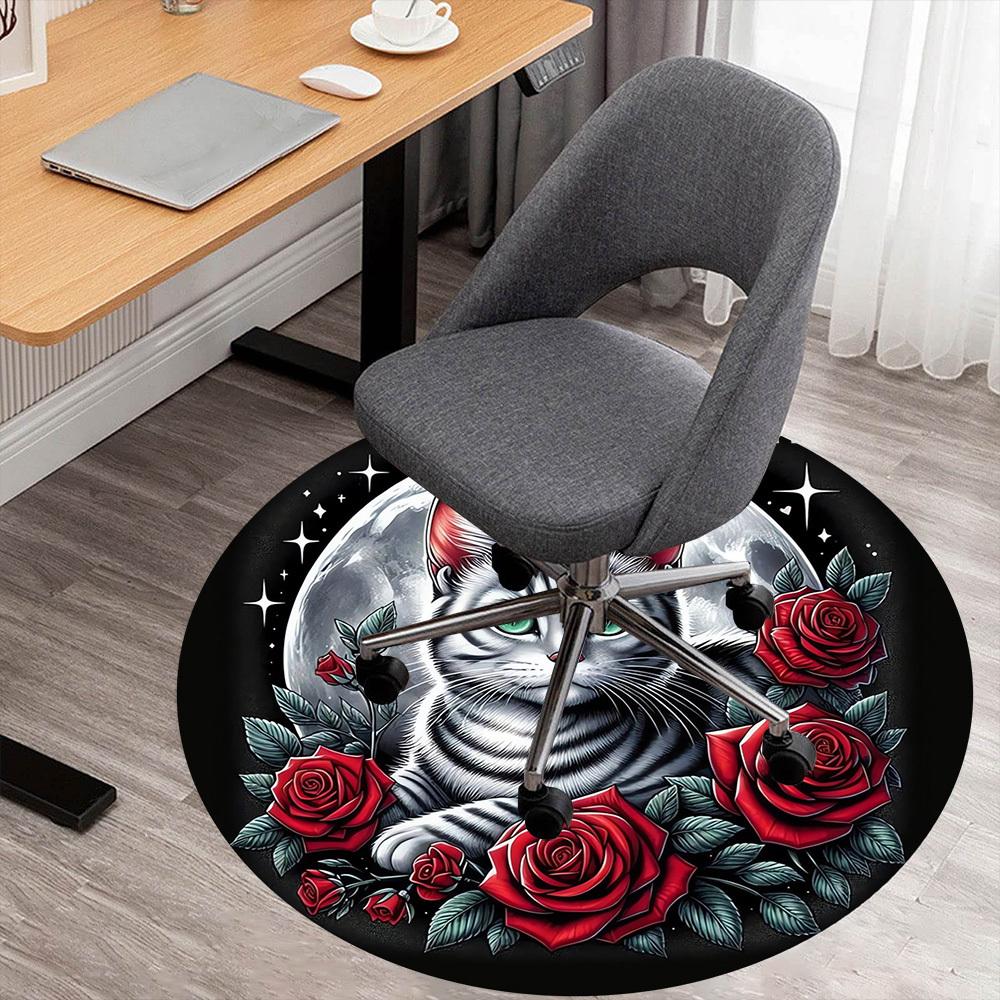 1pc Moonlit Cat Roses Round Chair mat Area Rug - Non-Slip, Floor Mat for Office, Bedroom, Ideal home decor Christmas Gift p0811477