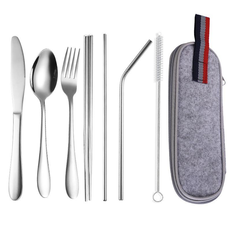 8Pcs Stainless Steel Straw Set Outdoor Western-style Knife, Fork, Spoon and Chopsticks Portable Cutlery Bag
