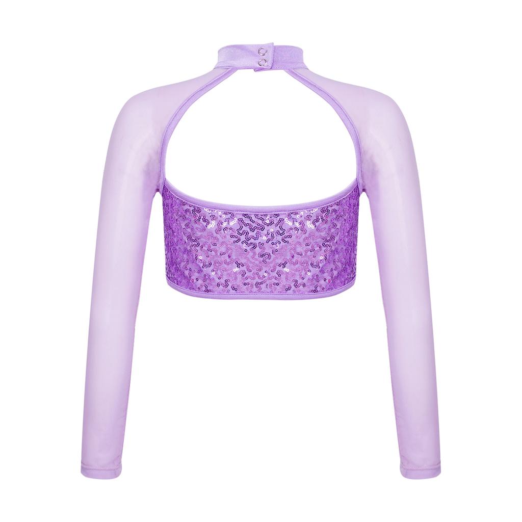 Укороченный топ для танцев для девочек с длинным рукавом, круглым воротом, вырезом на спине, украшенный блестящими пайетками