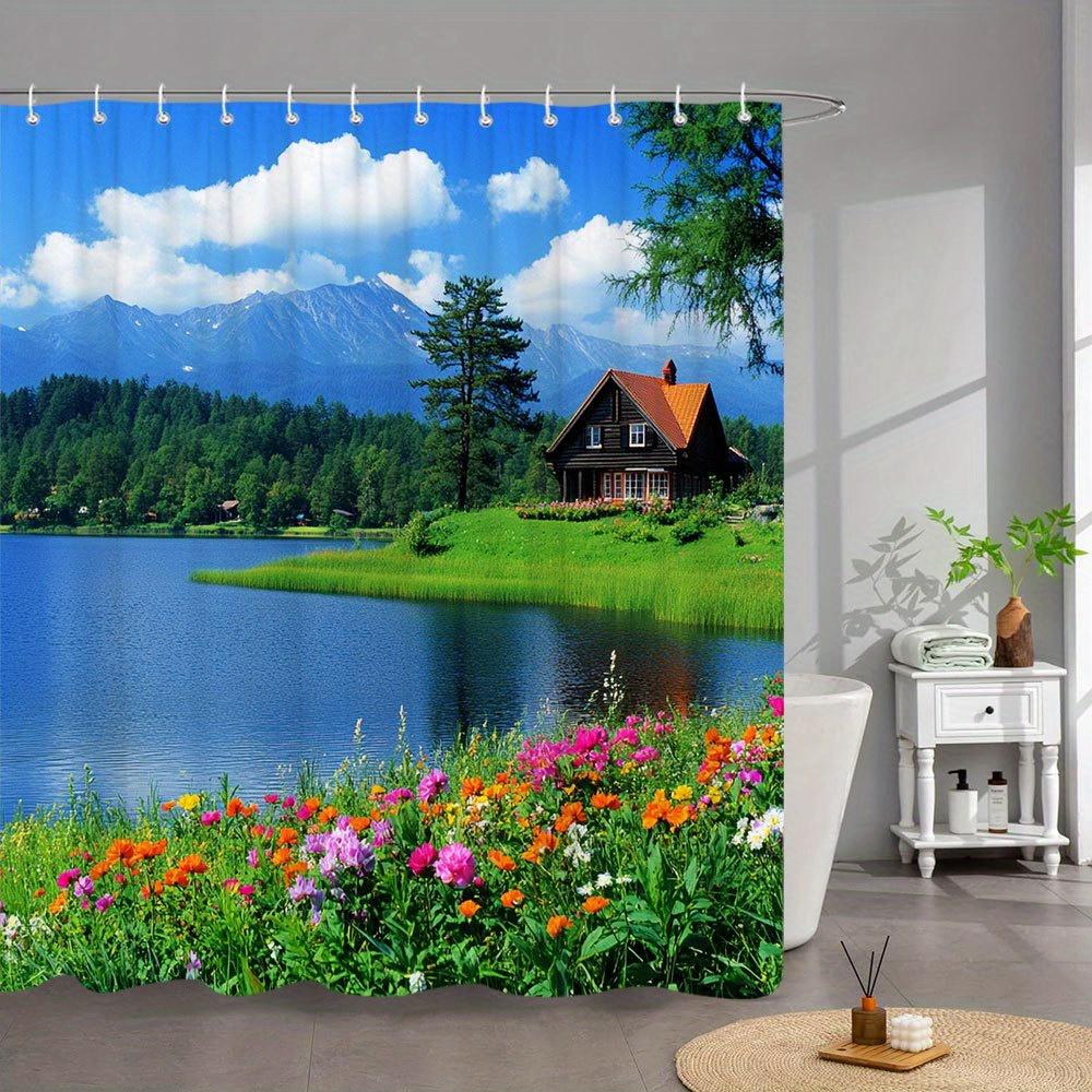 1pc Extra Long Bathroom Curtain - Lakeside Cottage Bath Decor with Rustic Red Roof House, Wildflower Garden, Snowy Mountains