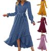 Women Spring Fall Dress Dot Applique Solid Color V Neck Belted Tight High Waist A-line Irregular Ruffle Hem Bohemian Flowy Wedding Party Maxi Dress