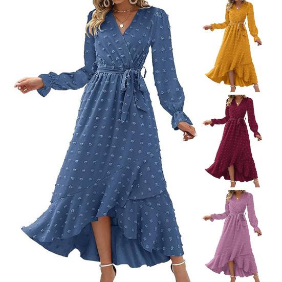 Women Spring Fall Dress Dot Applique Solid Color V Neck Belted Tight High Waist A-line Irregular Ruffle Hem Bohemian Flowy Wedding Party Maxi Dress