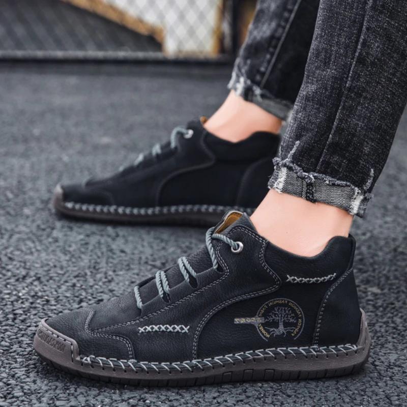 Ретро мужские ботинки, сшитые вручную кожаные повседневные туфли для мужчин, нескользящие ботинки для активного отдыха, модные качественные мужские мотоциклетные ботинки