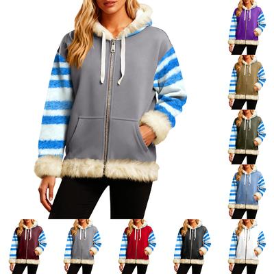 Женская Удобная Свободная Модная Повседневная Толстовка-Куртка с Длинным Рукавом, Карманами и Капюшоном с Полосатым Принтом