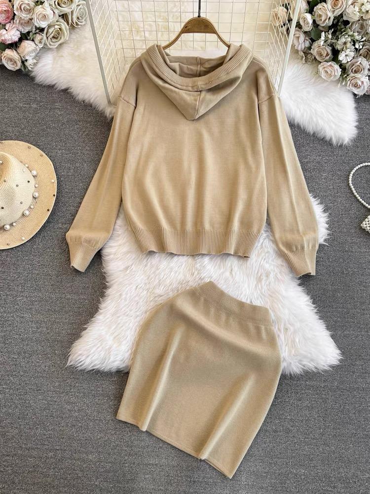 Spring Autumn Brand Designer Runway Outfits Women Knitted Sweater Letter Hooded Sweatshirt and Mini Short Sheath Skirt Two Piece Set