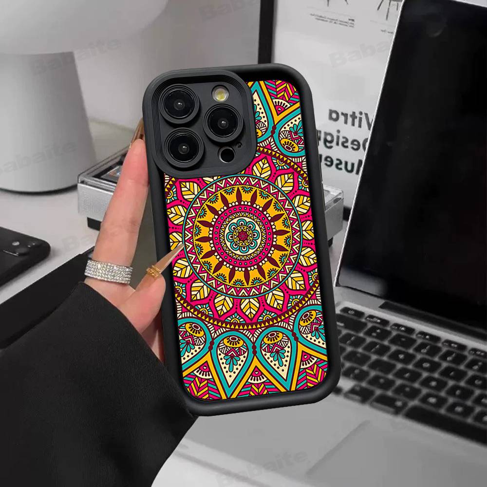 Indian Pattern Mandala Silicone Soft Phone Case For IPhone 17 16 15 14 Plus 13 12 Mini 11 Black Cover