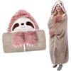 Women's Autumn Winter Warm Cute Cartoon Sloth Hooded Robe with Gloves Soft Comfortable Sherpa Home Loungewear