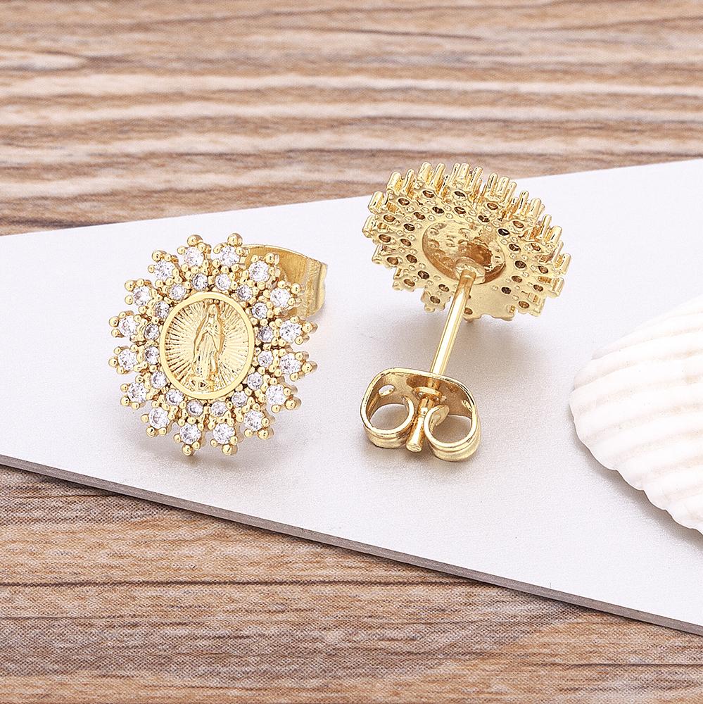 Nidin Fashion Copper Zircon Jesus & Virgin Mary Earrings Round Shape Stud Earrings for Women Lady Fine Religious Jewelry Gift