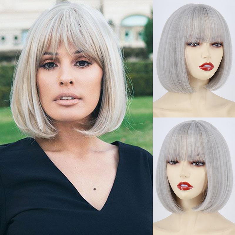 LISI HAIR Women Light Gray Hair with Bangs Synthetic Fiber Wig Cosplay Straight Bob Wig Shoulder Length Straight Bob Halloween Wig