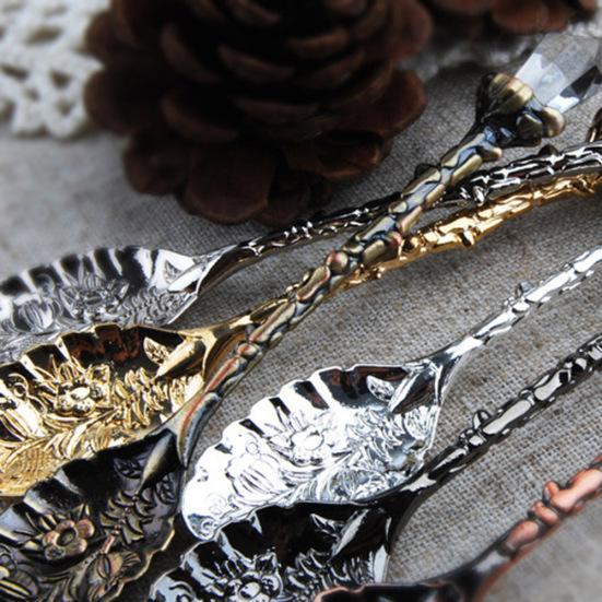 Vintage Flower Carving Tea Coffee Dessert Spoon Long Crystal Handle Dinnerware
