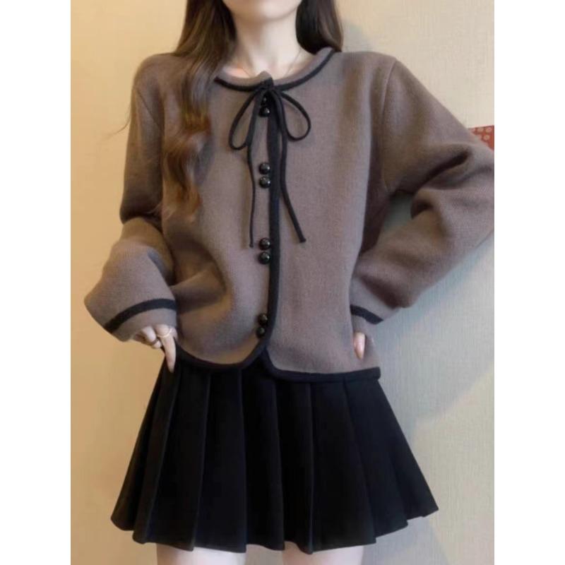 Autumn and Winter New Bow-tie Knitted Cardigan Women's Soft Waxy Loose Age-reducing Single-breasted Sweater Jacket