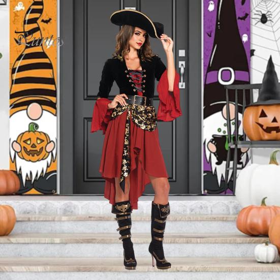 Halloween Cosplay Dress Pirate Queen Dance Party Stage Performance Costume Bell Sleeves Irregular Hem Lace-up Strap Belted Waist Vikings Dress