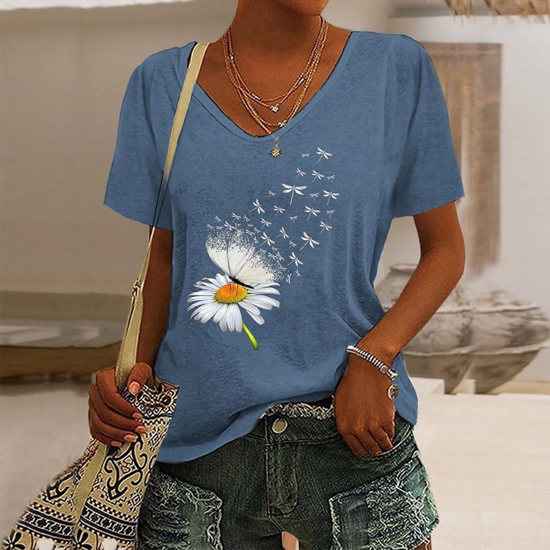 Women's T-Shirt Floral Pattern Printing Fashion Casual Oversized High-Quality Tee Shirt V-Neck Women's Clothing Summer
