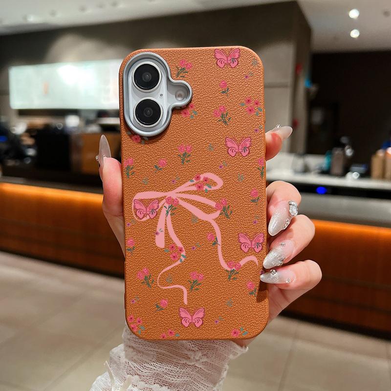 For iPhone 16 15 Pro Max 14 Pro 13 12 11 Case Bowknot Floral Print Slim TPU Leather Texture Soft Matte Shockproof Phone Cover