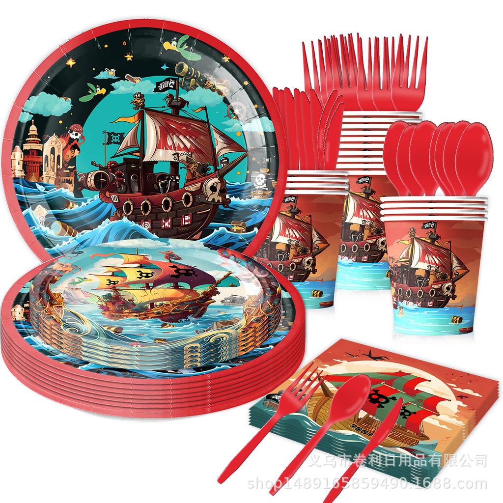 Pirate Ship Theme Party Decoration Pirate Party Banner Flag Paper Plate Paper Cup Tissue Tablecloth