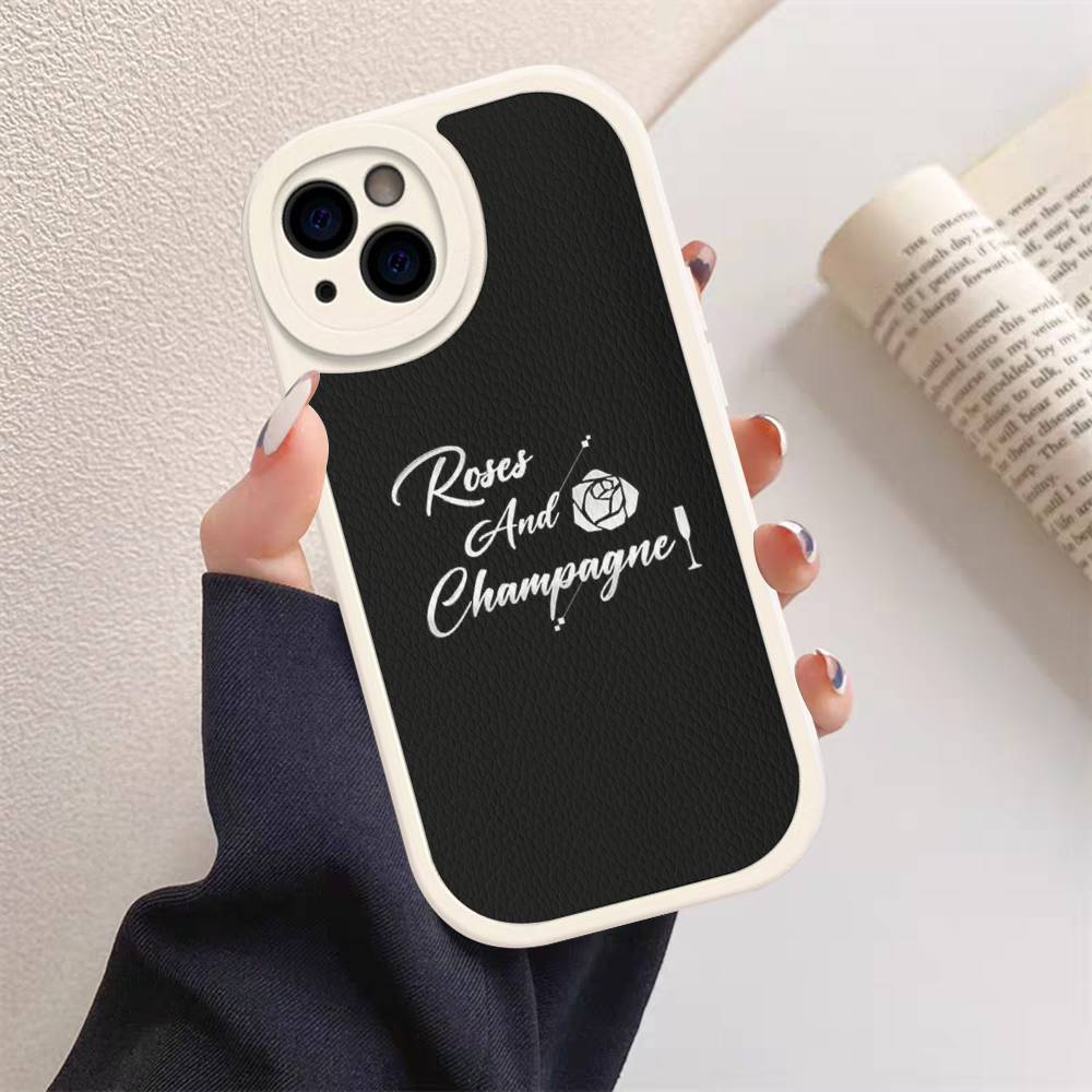 R-Rose And Champagne For iPhone 16 15 14 16E 13 12 11 Pro Max Plus Phone Leather Case