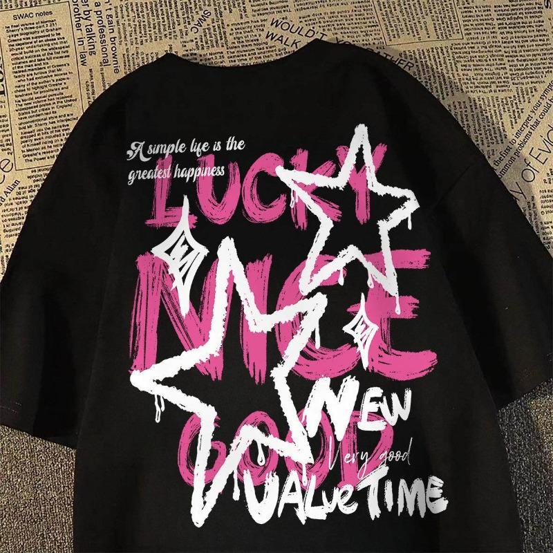 100 Pure Cotton American Retro Hiphop High Street Star Letter Printed Summer European and American Unisexs and Womens Tshirt
