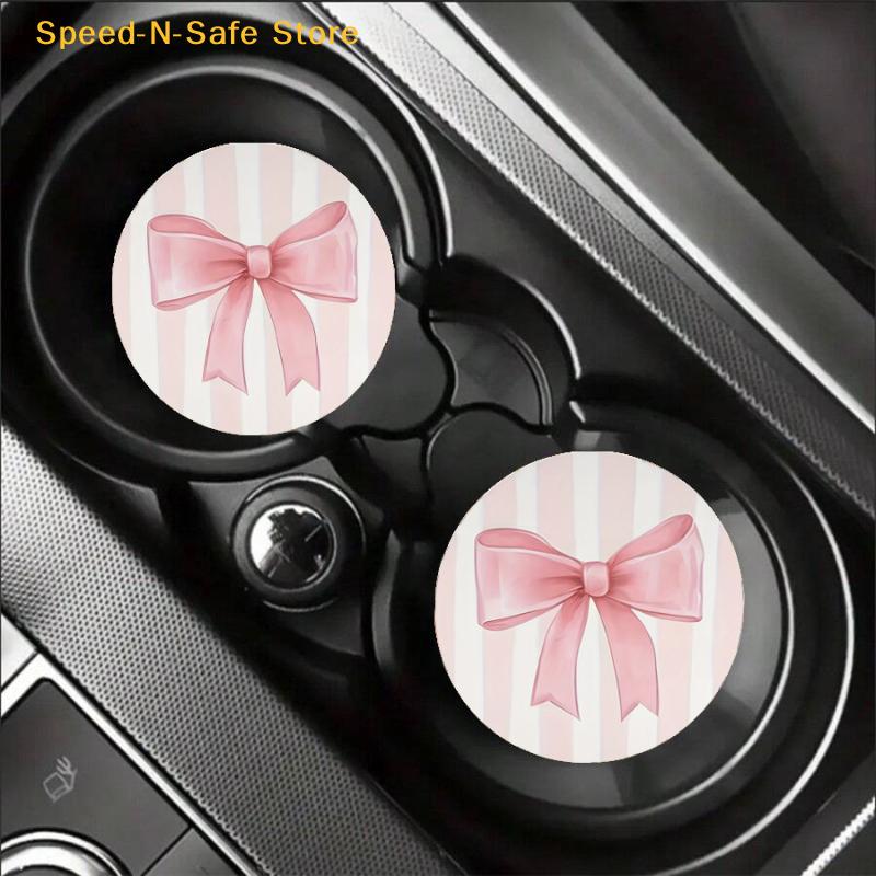 NonSlip Car Cup Mat Pink Bow Print Universal Coasters Set for Cute Vehicle Interior Styling