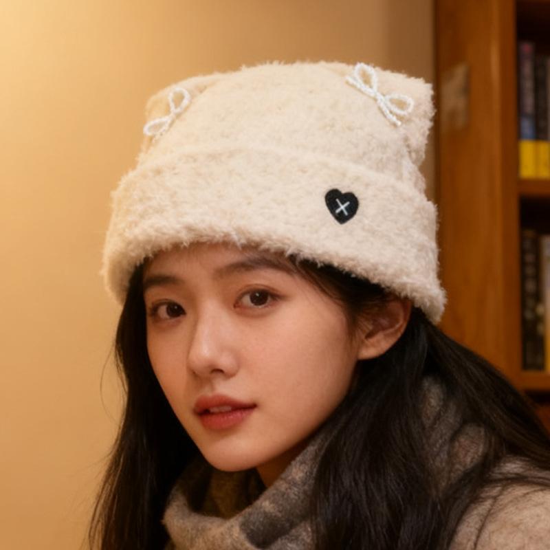 Autumn and winter cute cat ears warm and cold ear protection hat showing face small pullover hat