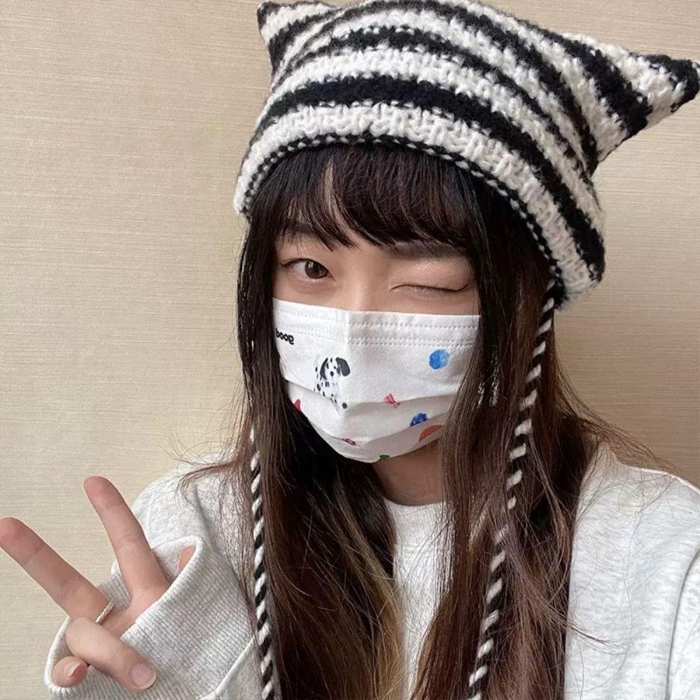 Hats Autumn Winter Pointed Pullover Striped Ins Little Devil Japanese Beanie Hat Knitted Wool Cap