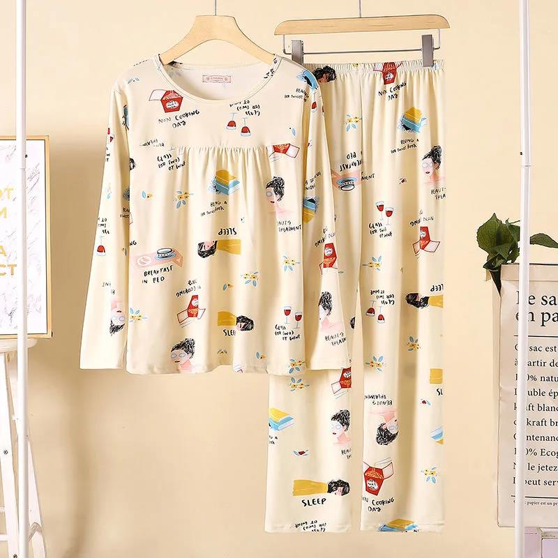 Весна, лето, осень, пижамы больших размеров, женские пижамы с длинными рукавами, большие размеры, свободный костюм с принтом, мягкий и удобный, приятный для кожи