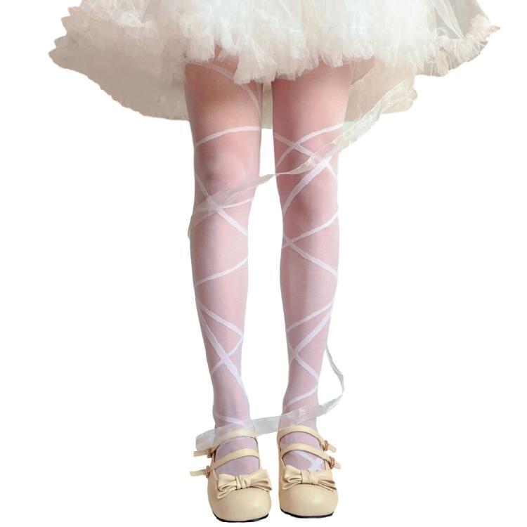 Women Japanese Style Silky Pantyhose Irregular Crossed Straps Patterned Tights