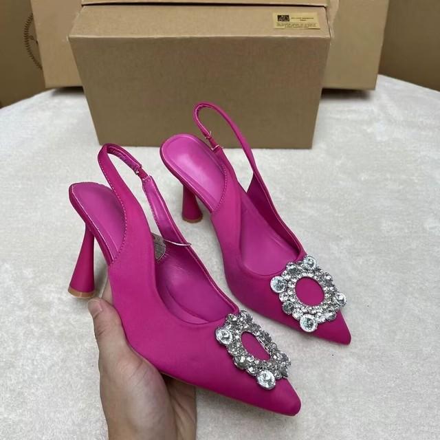 Новые летние женские туфли-лодочки на высоком каблуке с открытой пяткой и кристаллами, черные босоножки на каблуке с острым носком и стразами, вечерние свадебные туфли на каблуке